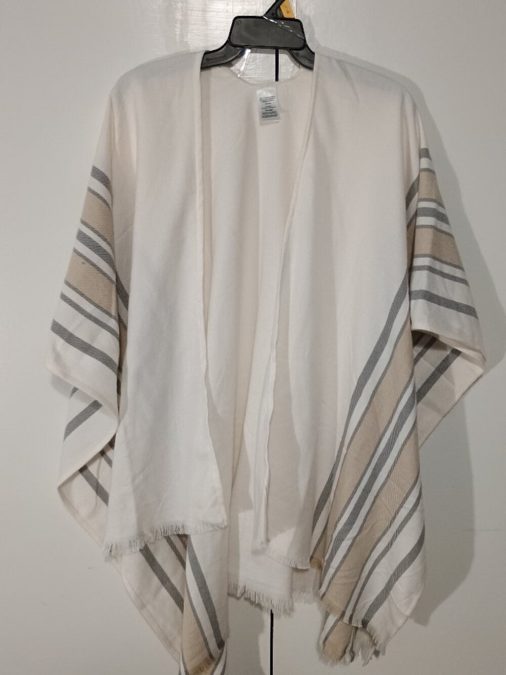 Cream Striped Open Front Ruana Poncho One Size Boho Shawl Wrap - Picture 2 of 5